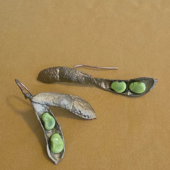 Handcrafted Green Peapod (Edamame) Drop Earrings By Designer Michael Michaud - Picture 4 of 7